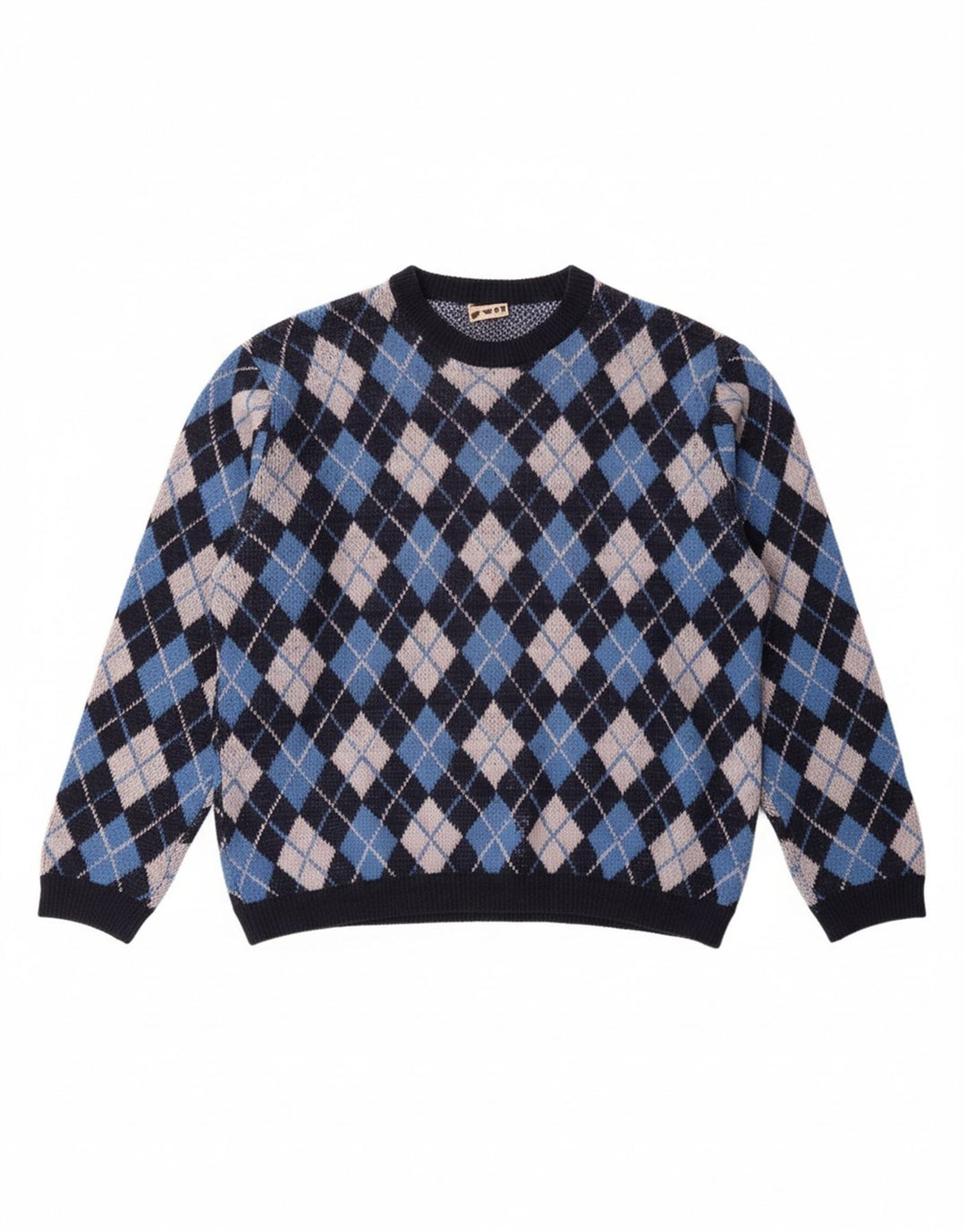 VINTAGE Mens Crew Neck Jumper Sweater Large Blue Argyle/Diamond Classic