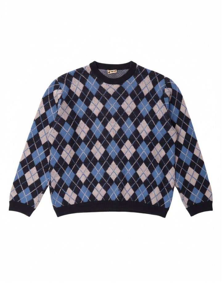 VINTAGE Mens Crew Neck Jumper Sweater Large Blue Argyle/Diamond Classic