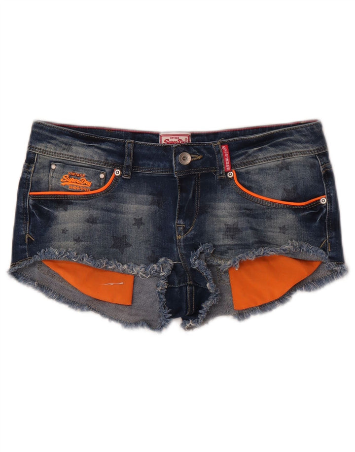 Superdry Damen Graphic Denim Hot Pants W28 Medium Navy Blue Geometrisch