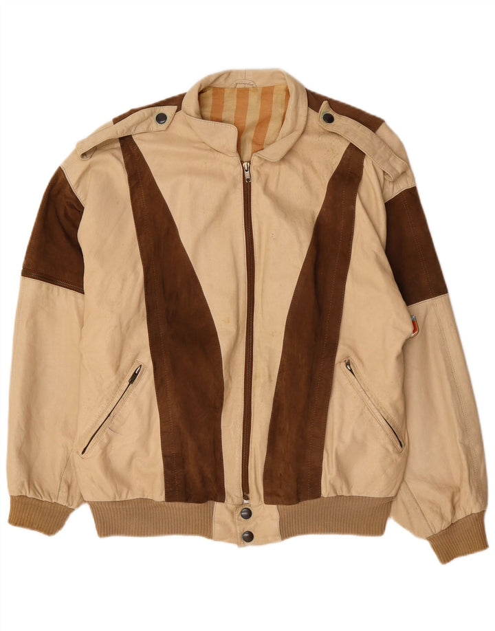 VINTAGE Herren Militärlederjacke IT 50 Large Beige Colourblock