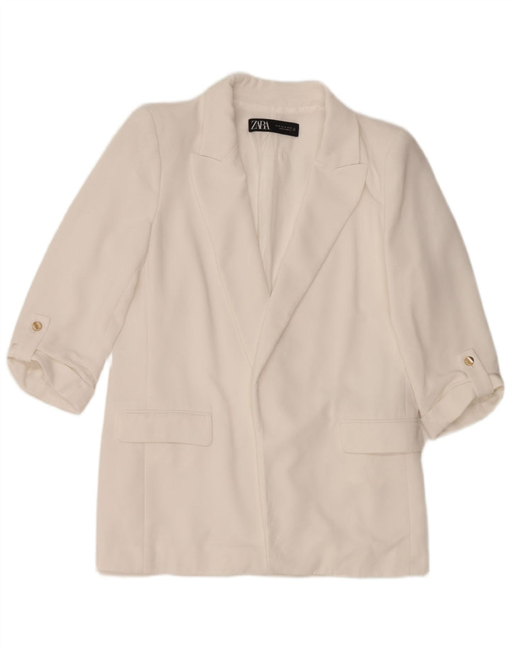 ZARA Damen-Blazer mit 3/4-Ärmeln, offen, UK 14, Mittelweiß, Polyester