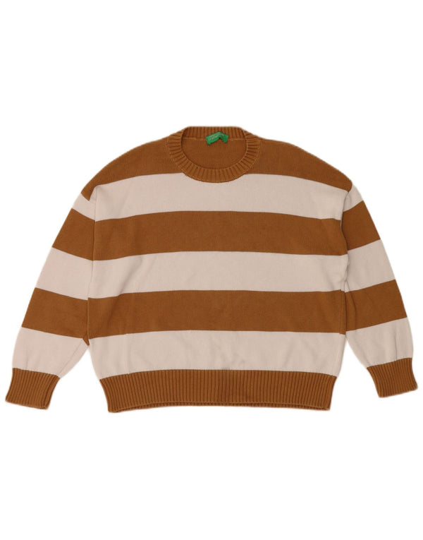 Benetton Damen-Pullover mit Rundhalsausschnitt, Gr. 10, klein, braun gestreift