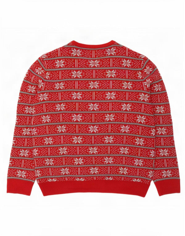 Marks & Spencer Mens Crew Neck Jumper Sweater UK 16 Large Red Fair Isle