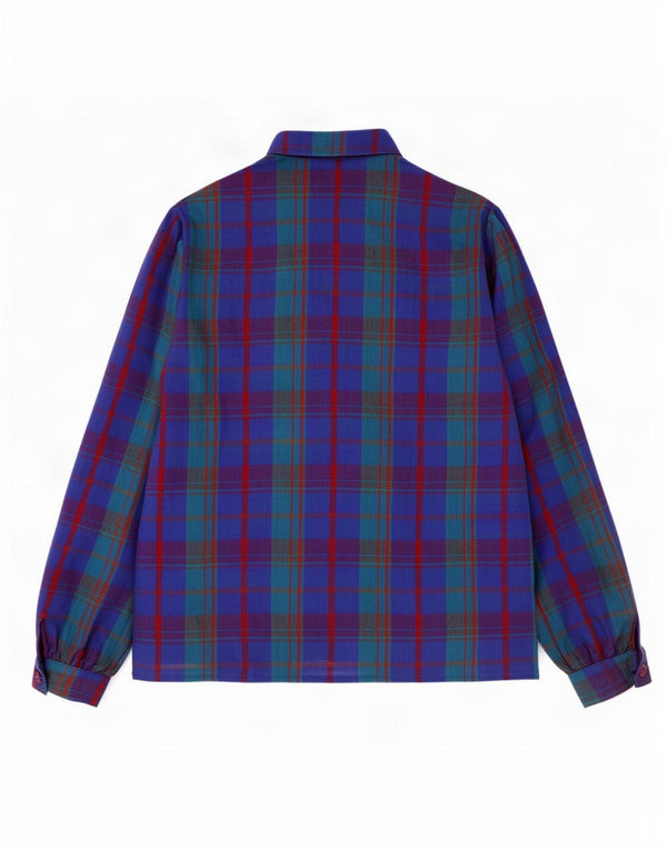Vintage Damen Bluse mit Rüschen vorne und langen Ärmeln, UK 12, Mittelblau kariert