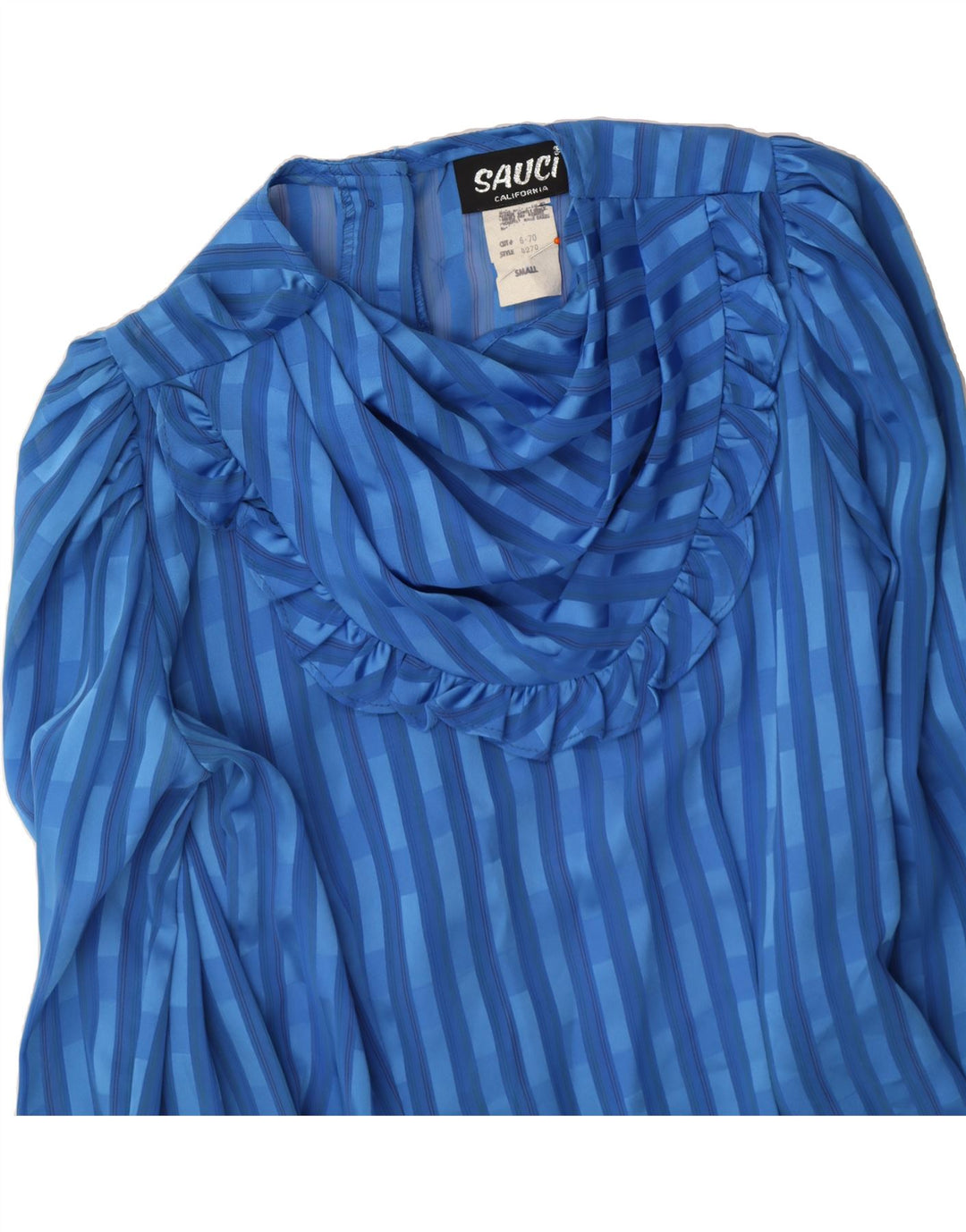 SAUCI Womens Ruffle Front Long Sleeve Blouse Top UK 10 Small Blue Striped Vintage Sauci and Second-Hand Sauci from Messina Hembry 