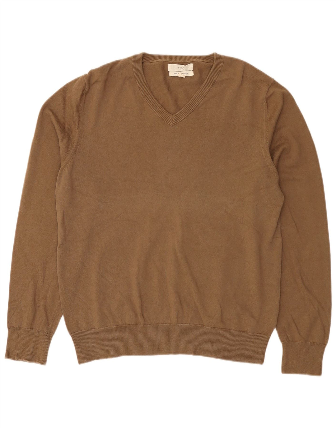 Marks & Spencer Herren-Pullover mit V-Ausschnitt aus mittelbrauner Baumwolle