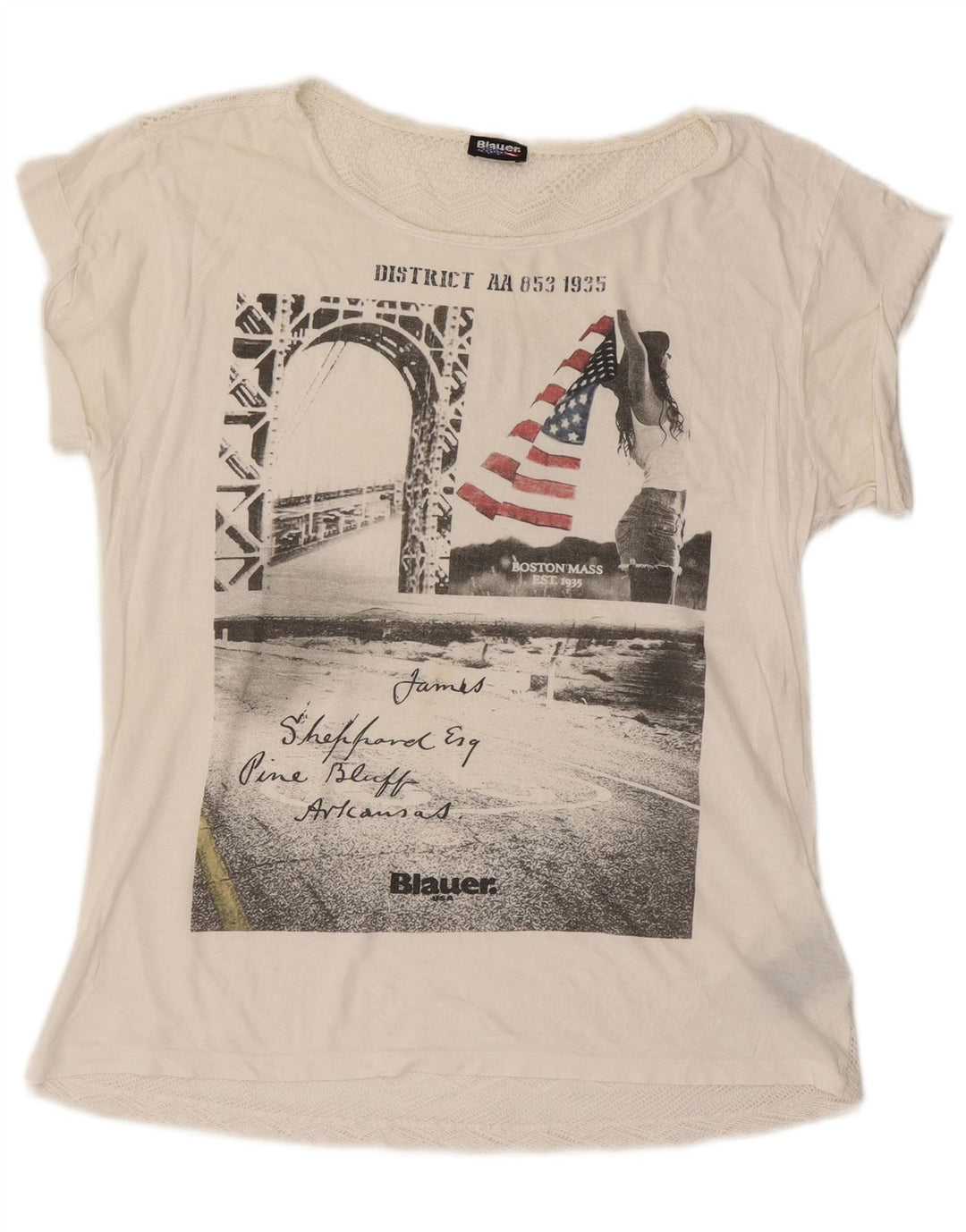 Blauer Übergroßes Grafik-T-Shirt für Damen, UK 10, Größe S, cremefarbene Baumwolle