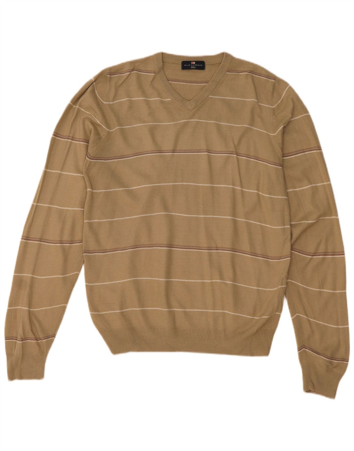 Marks & Spencer Herren Blue Harbor V-Ausschnitt Pullover Pullover Small Beige gestreift