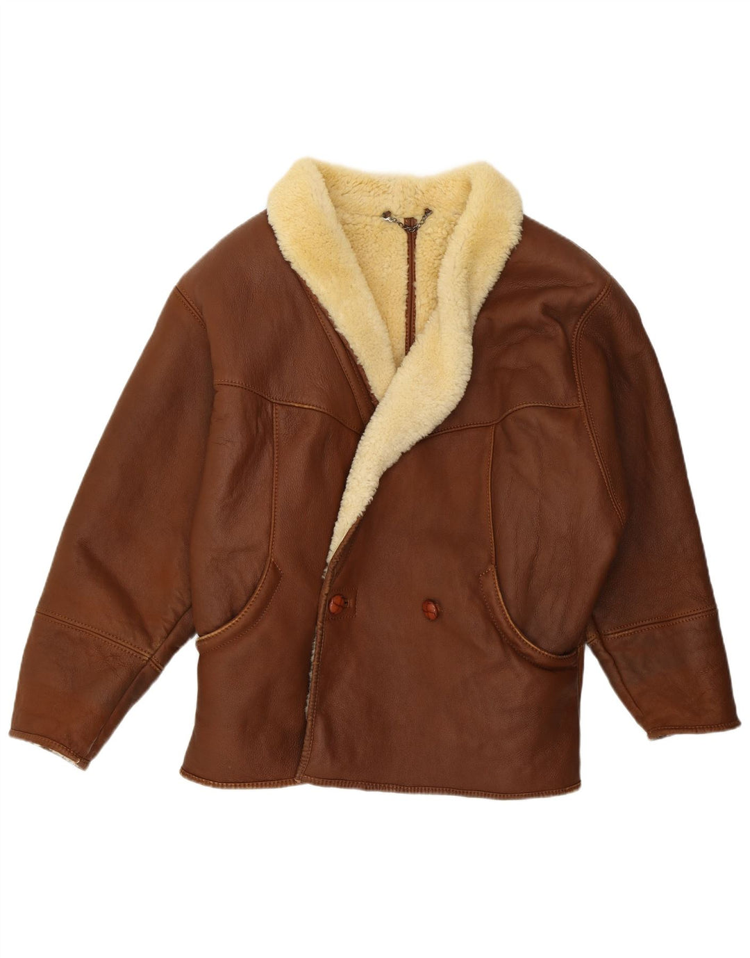 Vintage Herren Loose Fit Shearling Jacke IT 46 Kleines braunes Leder