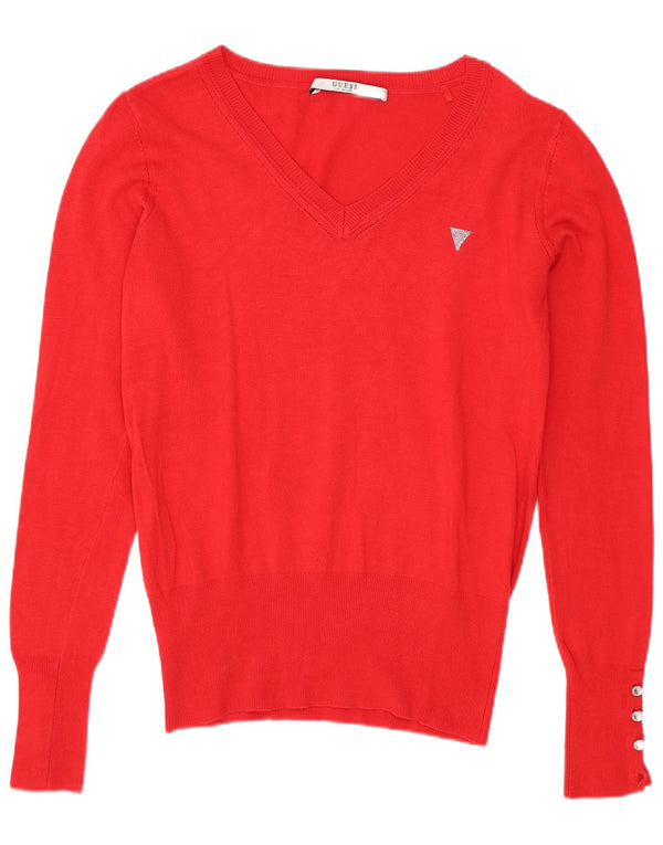 Guess Damen-Pullover mit V-Ausschnitt, Gr. 4, XS, rote Viskose