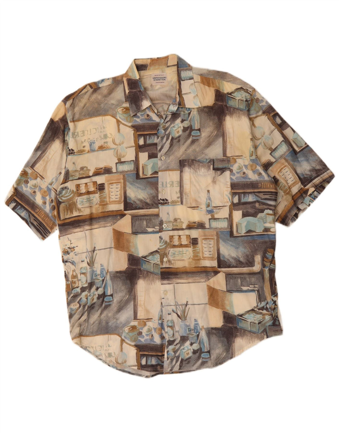 Benetton Herren Grafik-Kurzarmhemd XL Beige Patchwork Baumwolle