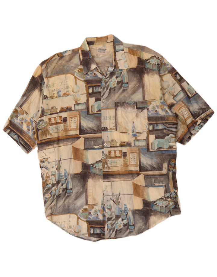 Benetton Herren Grafik-Kurzarmhemd XL Beige Patchwork Baumwolle