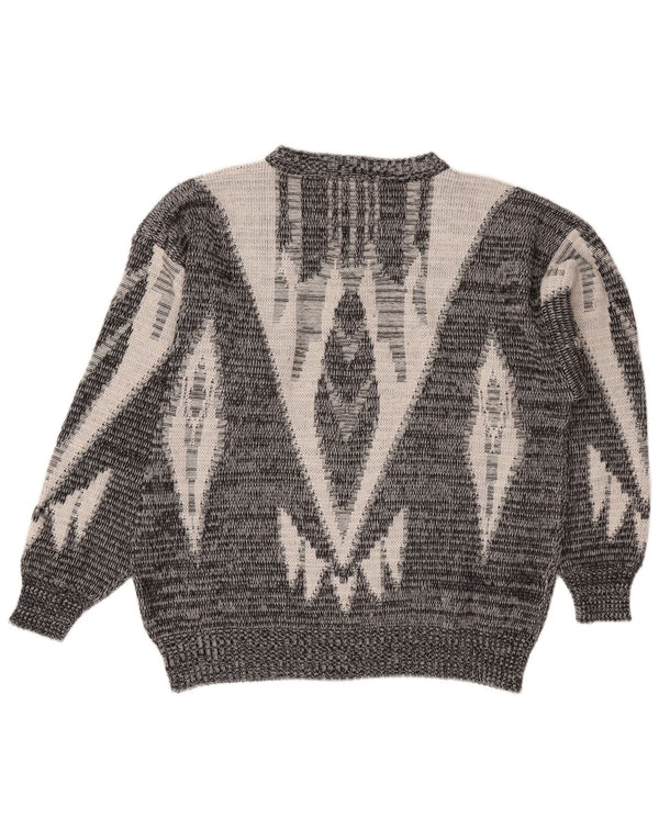 Vintage Damen Pullover mit U-Boot-Ausschnitt, UK 26 5XL, grau, geometrisch, Acryl