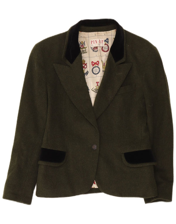 Vintage Damen 1-Knopf-Blazer-Jacke, UK 14, groß, Khaki, Farbblock