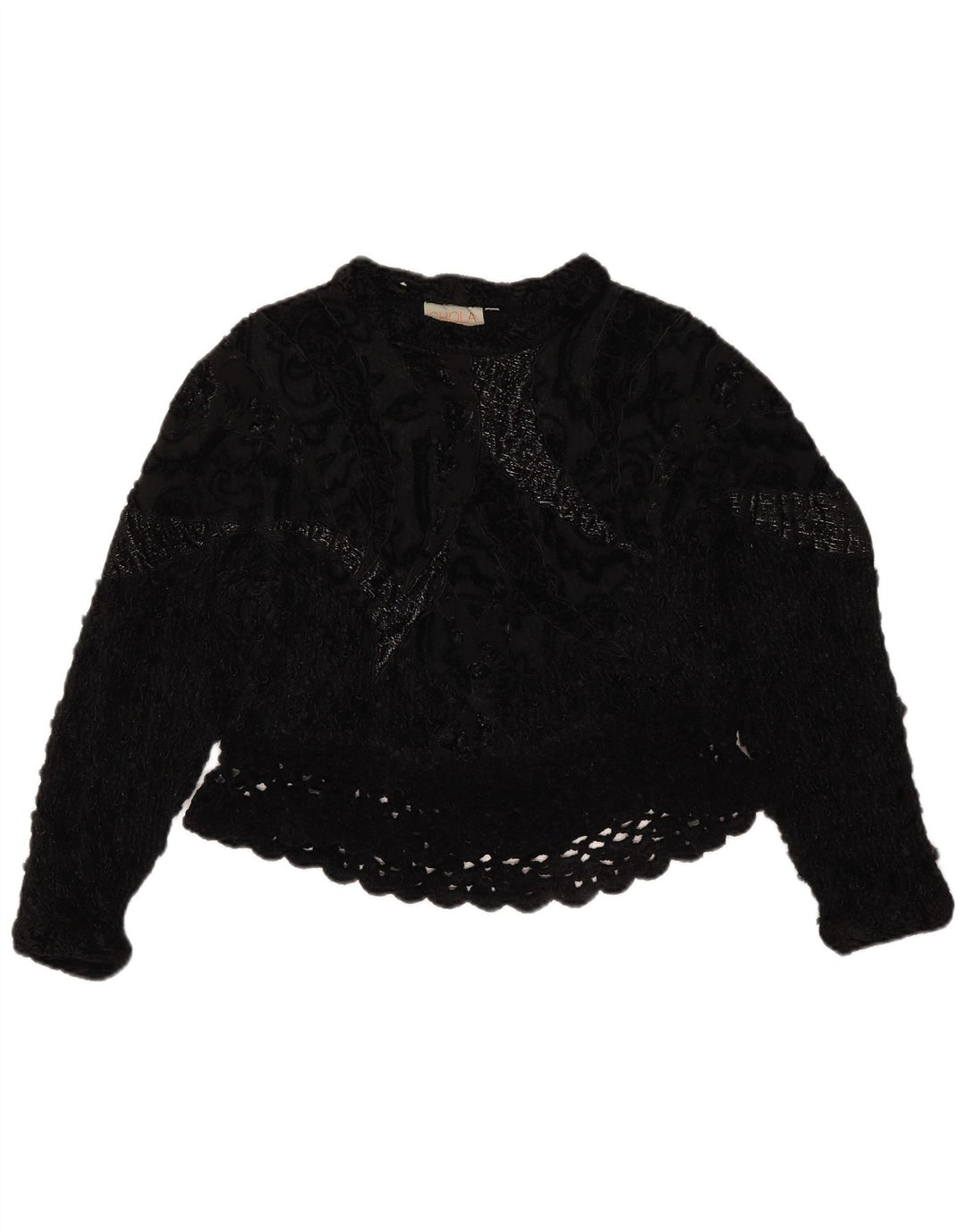Vintage Damen Häkel-Crop-Top UK 14 Medium Schwarz