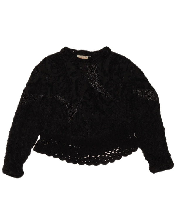 Vintage Damen Häkel-Crop-Top UK 14 Medium Schwarz