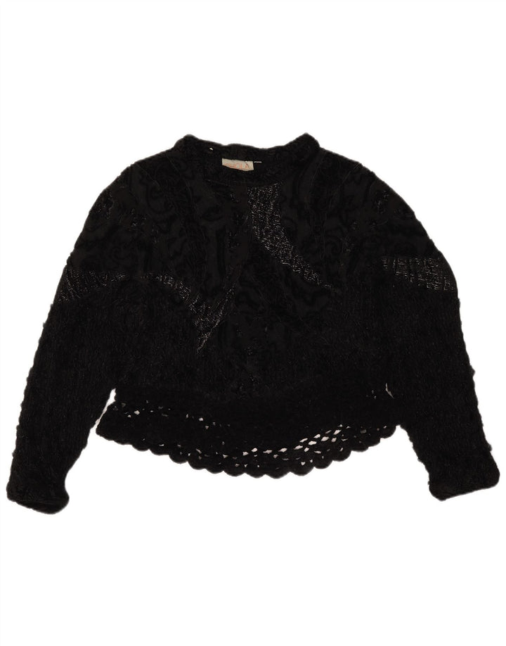 Vintage Damen Häkel-Crop-Top UK 14 Medium Schwarz