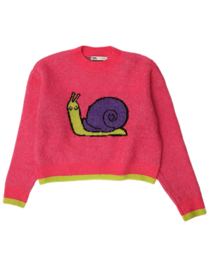 Zara Damen Crop Graphic Rundhalspullover Pullover UK 10 Small Pink