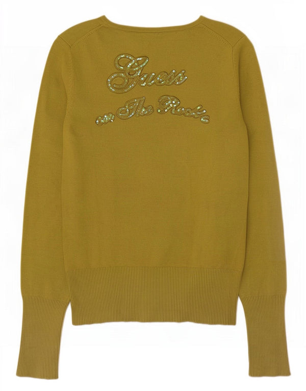 Guess Damen-Pullover mit grafischem V-Ausschnitt, UK 16, mittelgrüne Viskose