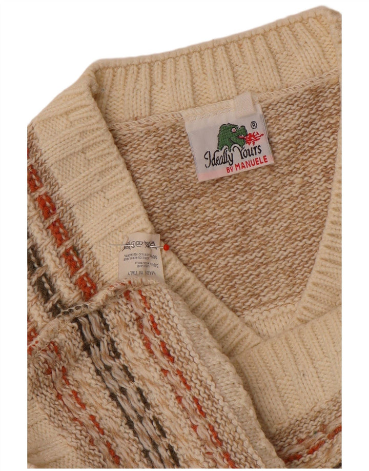 Vintage Herren V-Ausschnitt Pullover Pullover Mittelbeige gestreift Wolle