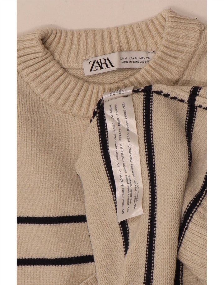 Zara Damen-Pullover, übergroß, Rundhalsausschnitt, Gr. 14, mittelbeige gestreift
