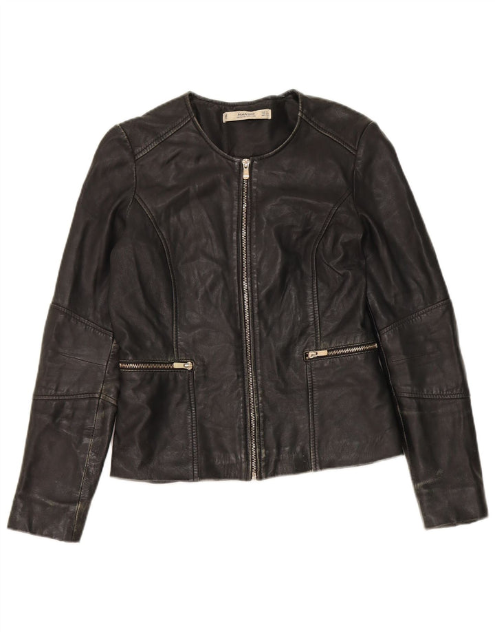 Mango Damen Crop Lederjacke UK 10 Small Schwarz