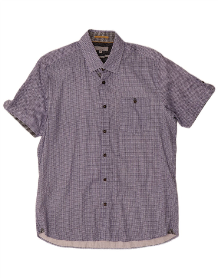 Ted Baker Herren-Kurzarmhemd, Größe 4, groß, marineblau, geometrische Baumwolle