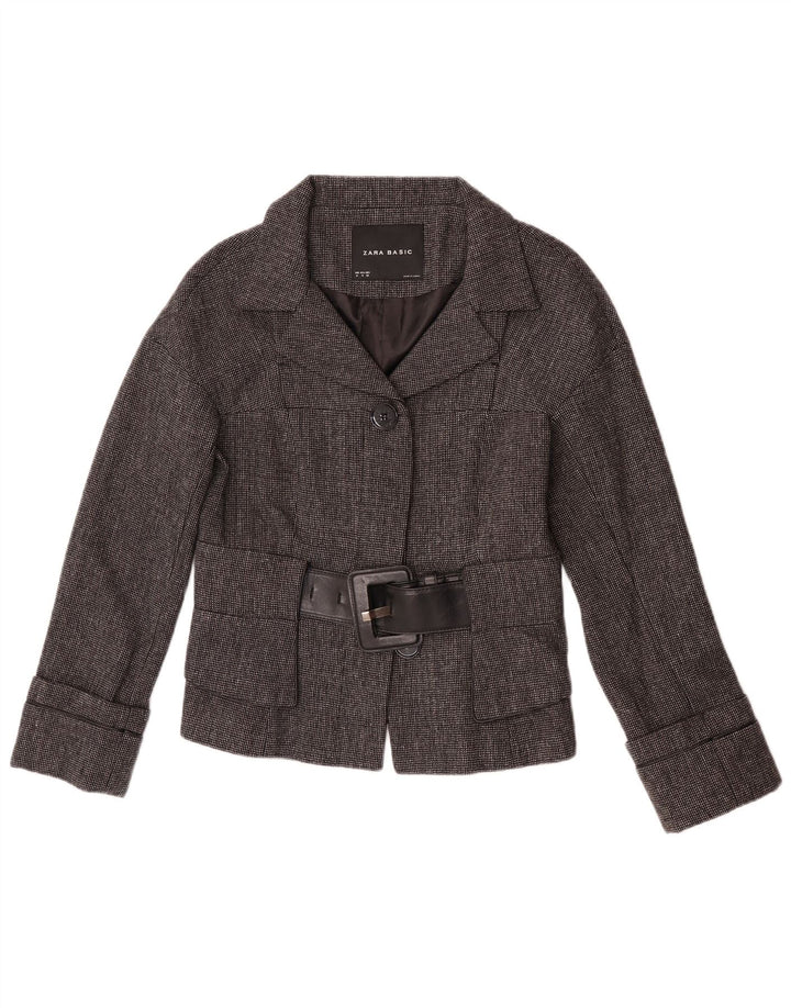 Zara Damen 2-Knopf-Blazerjacke UK 12 Mittelgraues Fischgrätenmuster