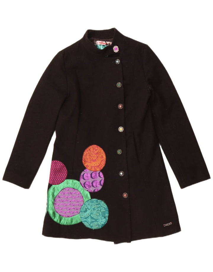 Desigual Womens Graphic Overcoat EU 40 Mittelschwarze geometrische Wolle