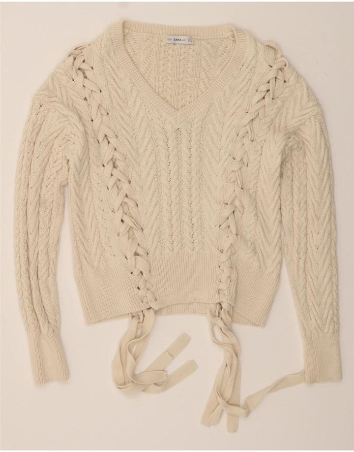 ZARA Womens V-Neck Jumper Sweater UK 14 Medium Off White Cotton Vintage Zara and Second-Hand Zara from Messina Hembry 