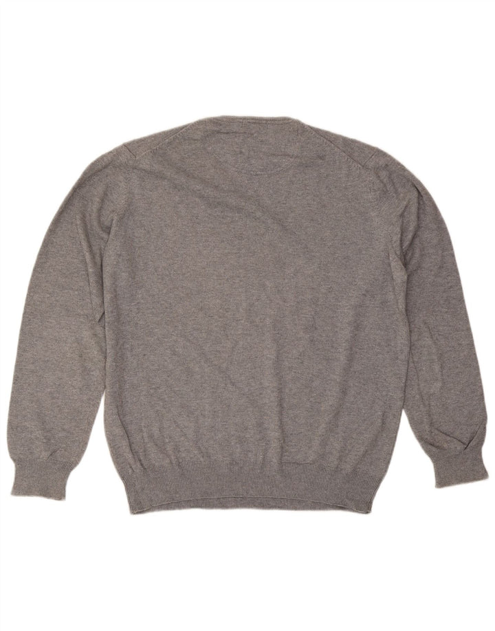 Massimo Dutti Herren-Pullover mit V-Ausschnitt, groß, graue Baumwolle