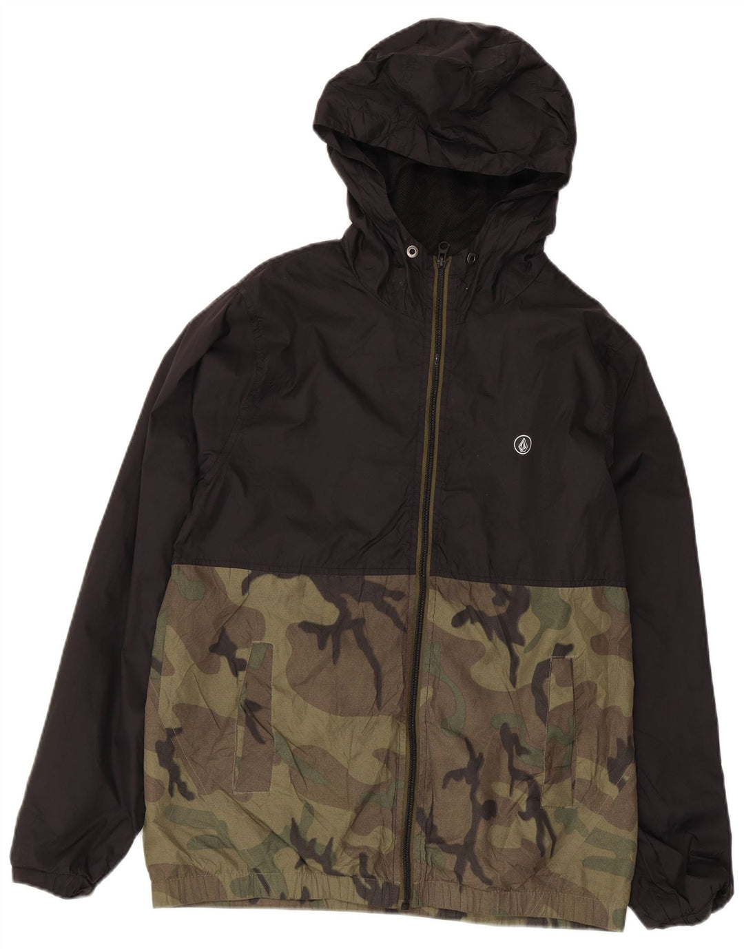 Volcom Herren-Regenjacke mit Kapuze, UK 36, Small, schwarzes Camouflage-Nylon