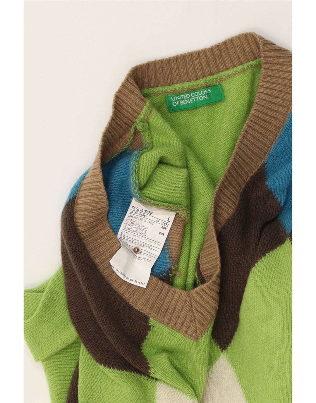 BENETTON Herren-Pullover mit V-Ausschnitt, groß, grüne Argyle-/Diamantwolle