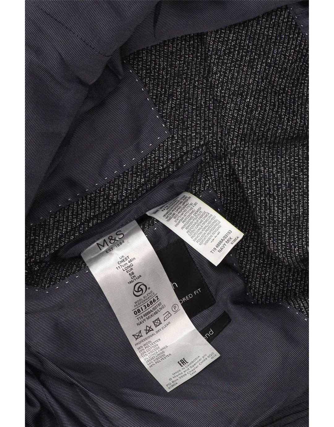 Marks & Spencer Herren-Blazer mit 2 Knöpfen, UK 46, XL, marineblaue Wolle