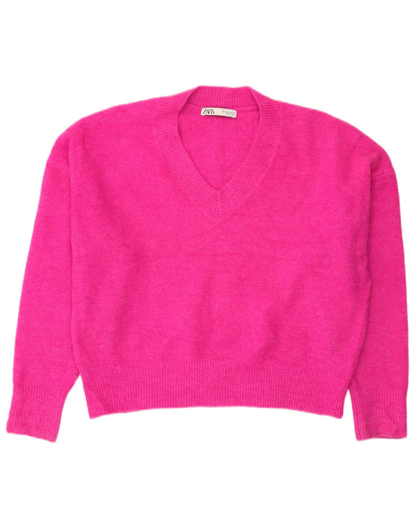Übergroßer Pullover mit V-Ausschnitt von Zara für Damen, UK 14, Mittelrosa, Acryl