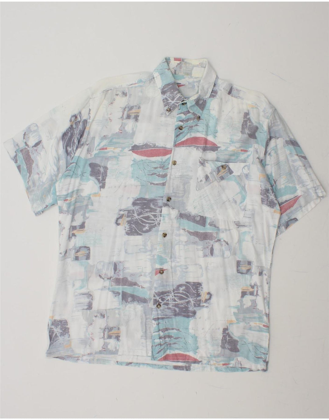 VINTAGE Mens Abstract Pattern Short Sleeve Shirt Large White Viscose Vintage Vintage and Second-Hand Vintage from Messina Hembry 