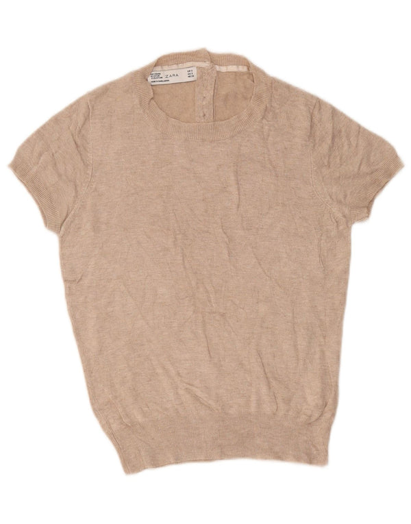 Kurzärmliger Damen-Pullover mit U-Boot-Ausschnitt von Zara, Gr. 10, Größe S, Beige, Viskose