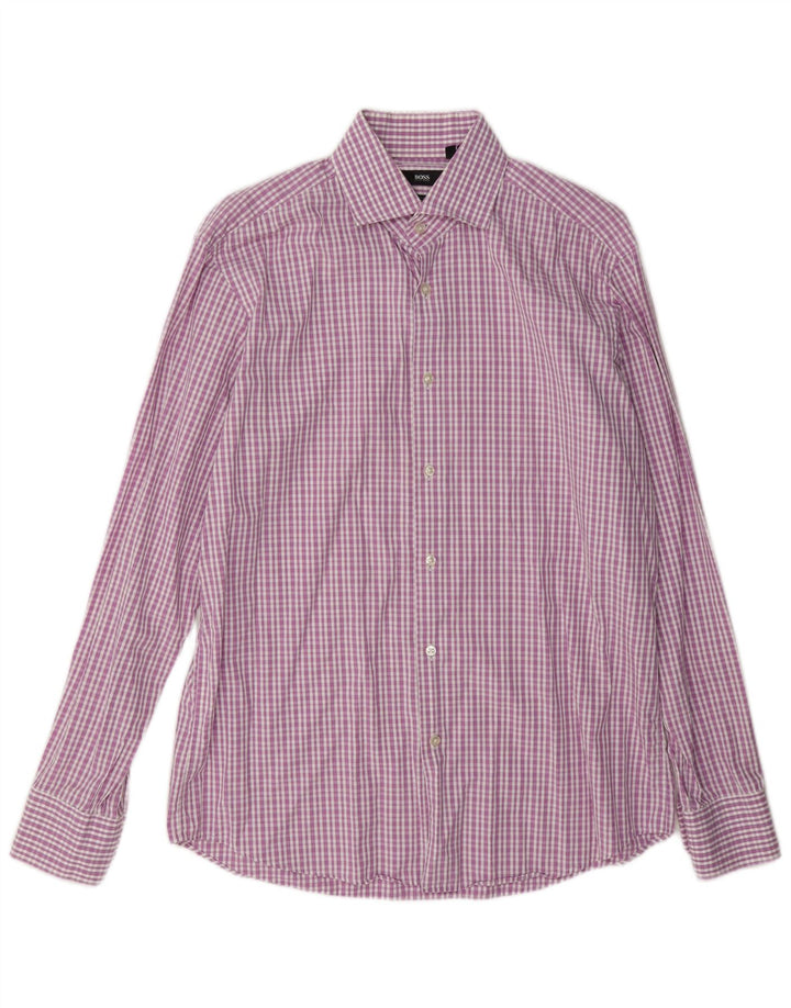 Hugo Boss Herren-Hemd mit normaler Passform, Größe 41 16, große rosa karierte Baumwolle