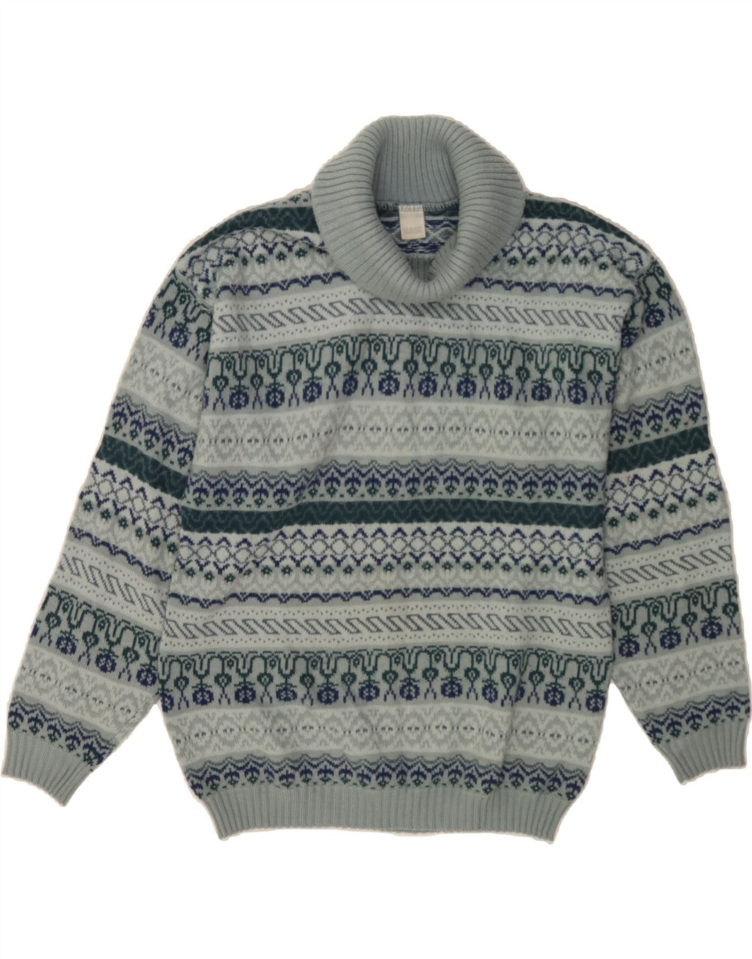 VINTAGE Womens Roll Neck Jumper Sweater UK 14 Medium Blue Fair Isle Vintage Vintage and Second-Hand Vintage from Messina Hembry 