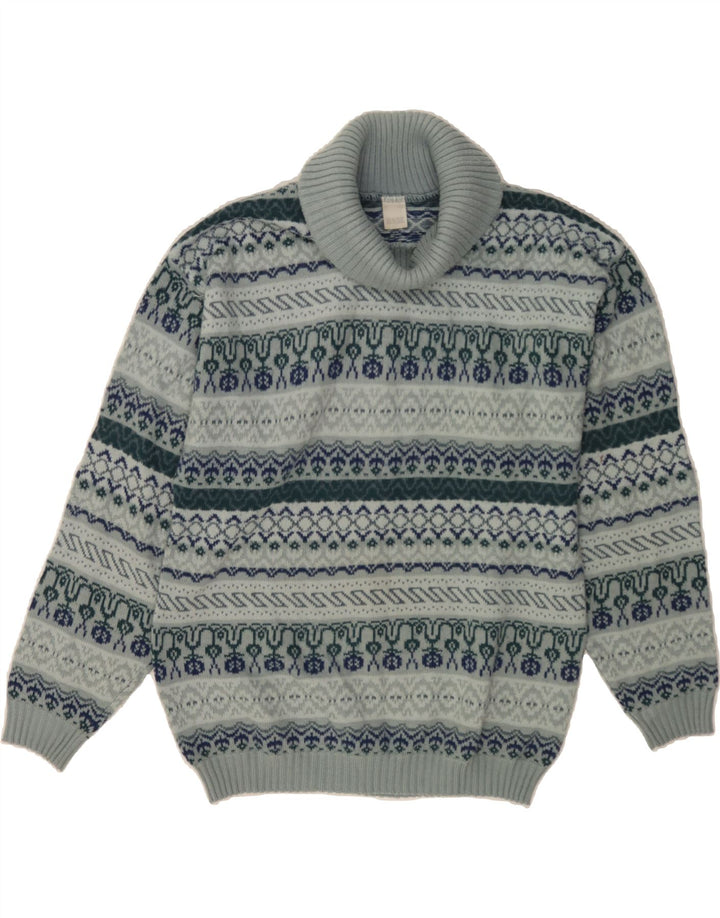 VINTAGE Womens Roll Neck Jumper Sweater UK 14 Medium Blue Fair Isle Vintage Vintage and Second-Hand Vintage from Messina Hembry 