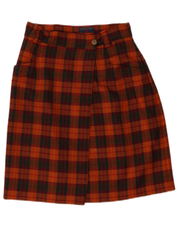 Vintage Damen Wickelrock IT 42 Medium W28 Orange karierte Wolle