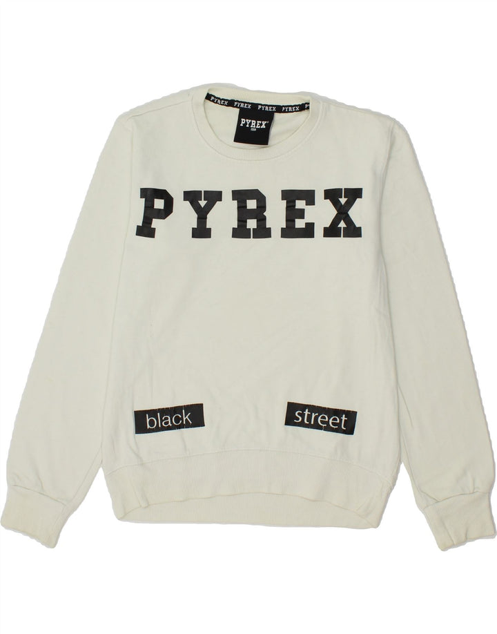 PYREX Boys Graphic Sweatshirt Jumper 12-13 Years Large Off White Cotton Vintage Pyrex and Second-Hand Pyrex from Messina Hembry 