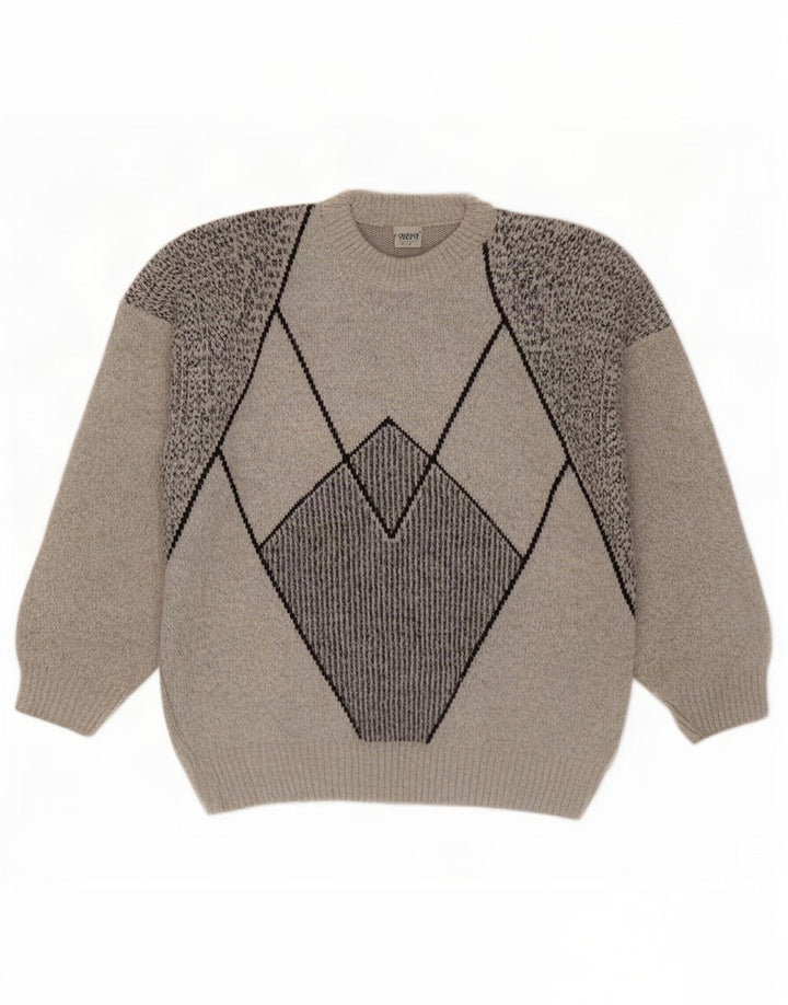 Vintage Herren-Pullover mit Rundhalsausschnitt, große graue geometrische Wolle