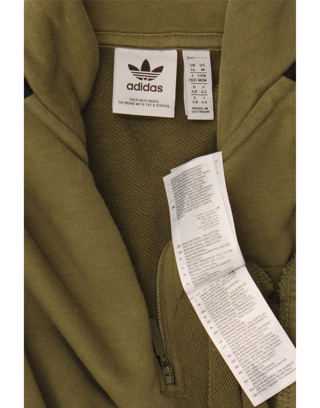 Adidas übergroßer Damen-Sweatshirtpullover mit Reißverschluss, UK 14, Größe L, Khaki, Baumwolle