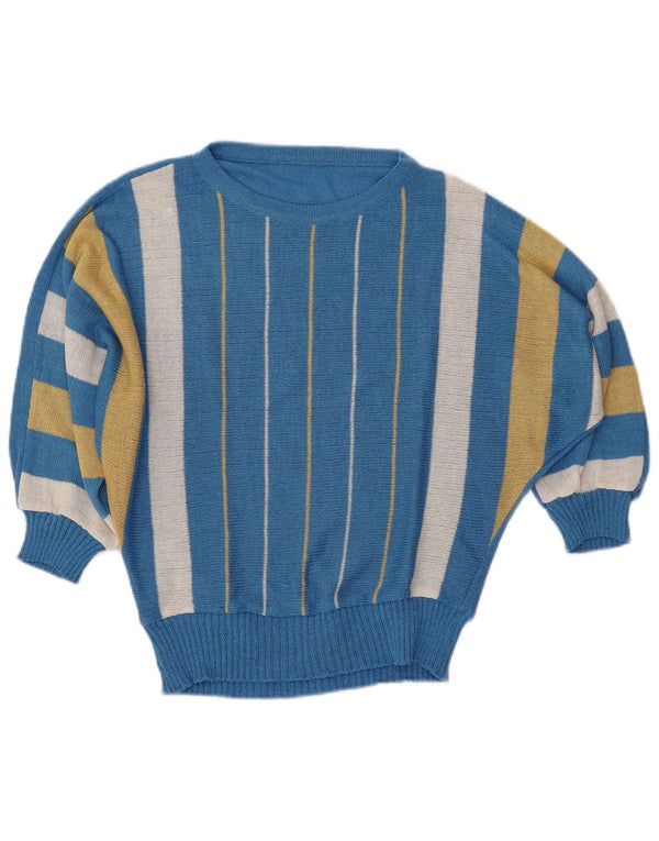 VINTAGE Damen Pullover mit Fledermausärmel und U-Boot-Ausschnitt, Größe 40, klein, blau gestreift