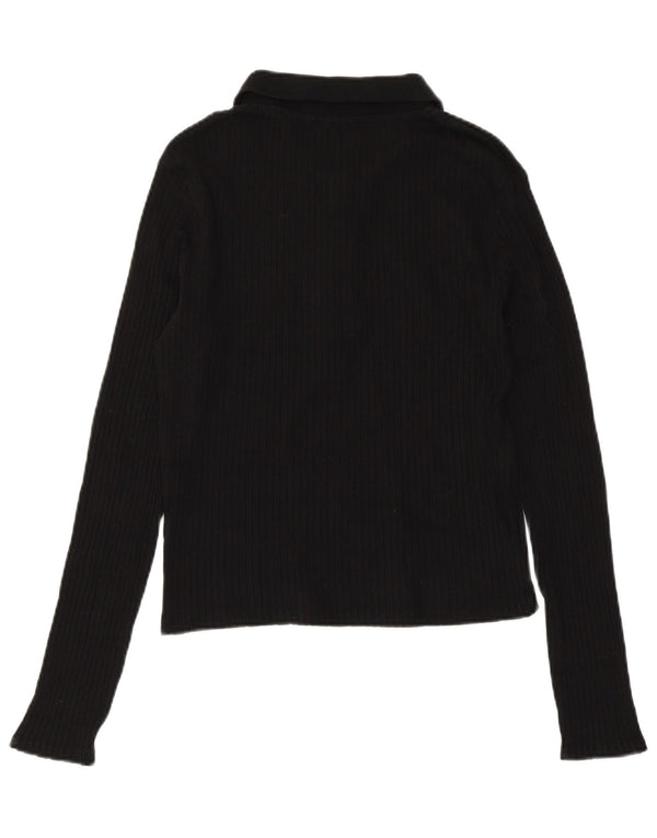 ZARA Damen Crop Langarm-Poloshirt UK 14 Große schwarze Baumwolle