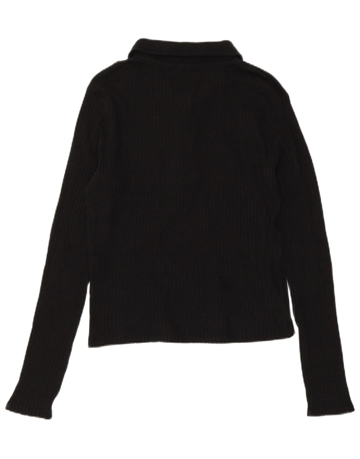 ZARA Damen Crop Langarm-Poloshirt UK 14 Große schwarze Baumwolle