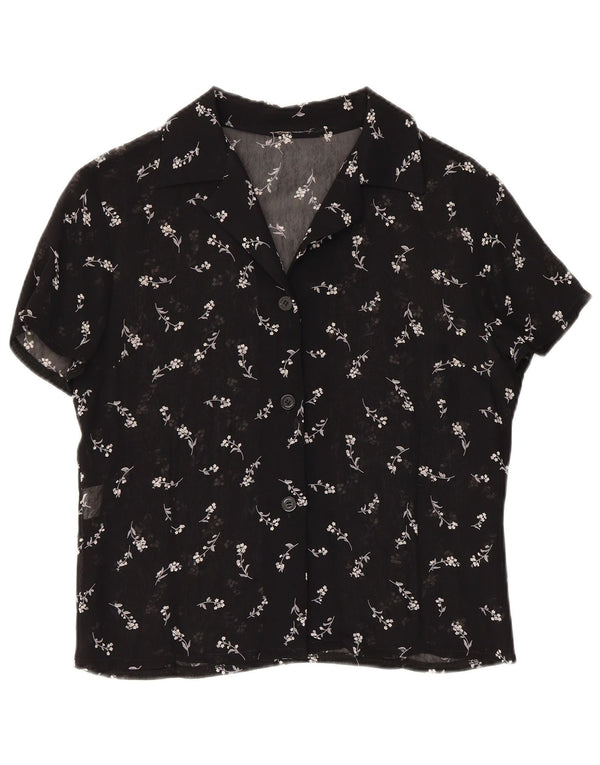 Vintage Womens See Through Shirt Blouse UK 12 Medium Black Floral