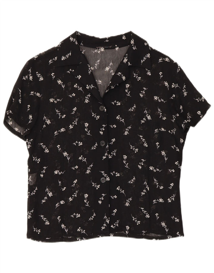 Vintage Damen Durchsichtige Hemdbluse UK 12 Mittelschwarz geblümt