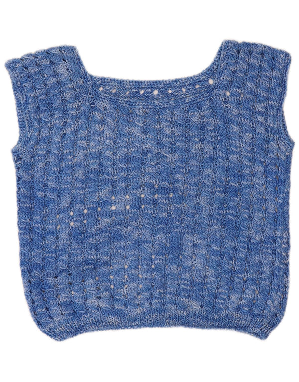 VINTAGE Damen Crop Häkelweste Tank Top UK 14 Mittelblau